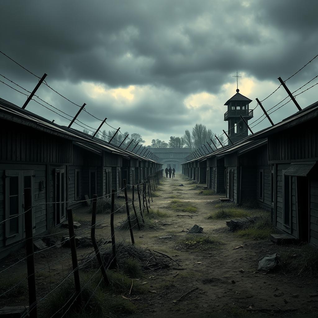 A haunting yet thought-provoking depiction of a concentration camp during World War II, featuring barrack buildings with barbed wire fencing, watchtowers in the background, and an ominous overcast sky