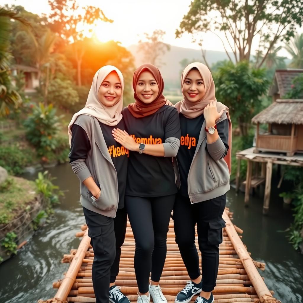 A vibrant photograph of two beautiful Malay women with oval faces, wearing simple and natural makeup