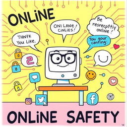 A colorful and engaging poster drawing that illustrates the theme of online safety and proper netiquette