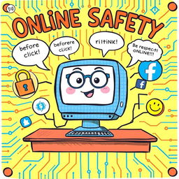 A colorful and engaging poster drawing that illustrates the theme of online safety and proper netiquette