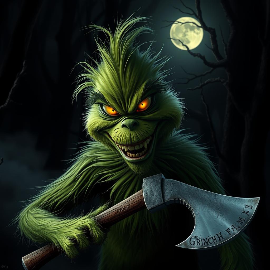 A terrifying version of the Grinch featuring a menacing expression, wielding an axe, set in a dark, eerie forest