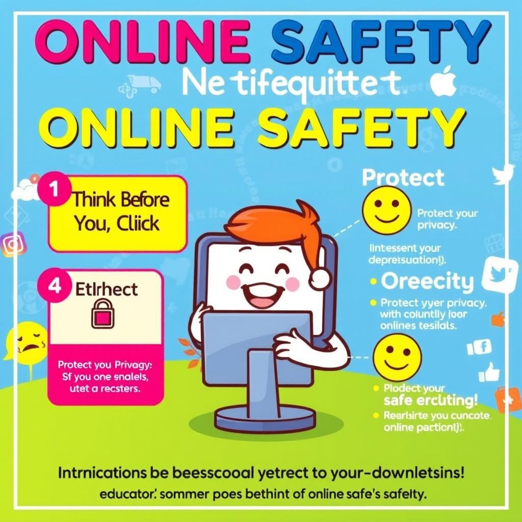A vibrant and educational poster focused on online safety and proper netiquette