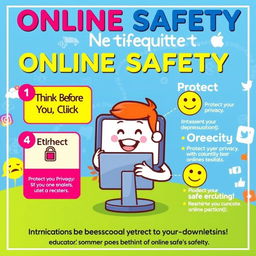 A vibrant and educational poster focused on online safety and proper netiquette