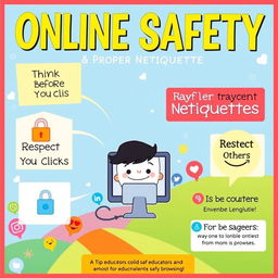 A vibrant and educational poster focused on online safety and proper netiquette