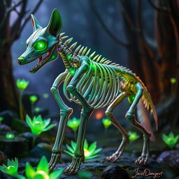 A vibrant and imaginative representation of a living skeleton wolf, featuring bones that appear both detailed and lively