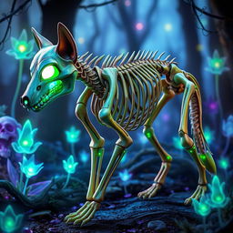 A vibrant and imaginative representation of a living skeleton wolf, featuring bones that appear both detailed and lively