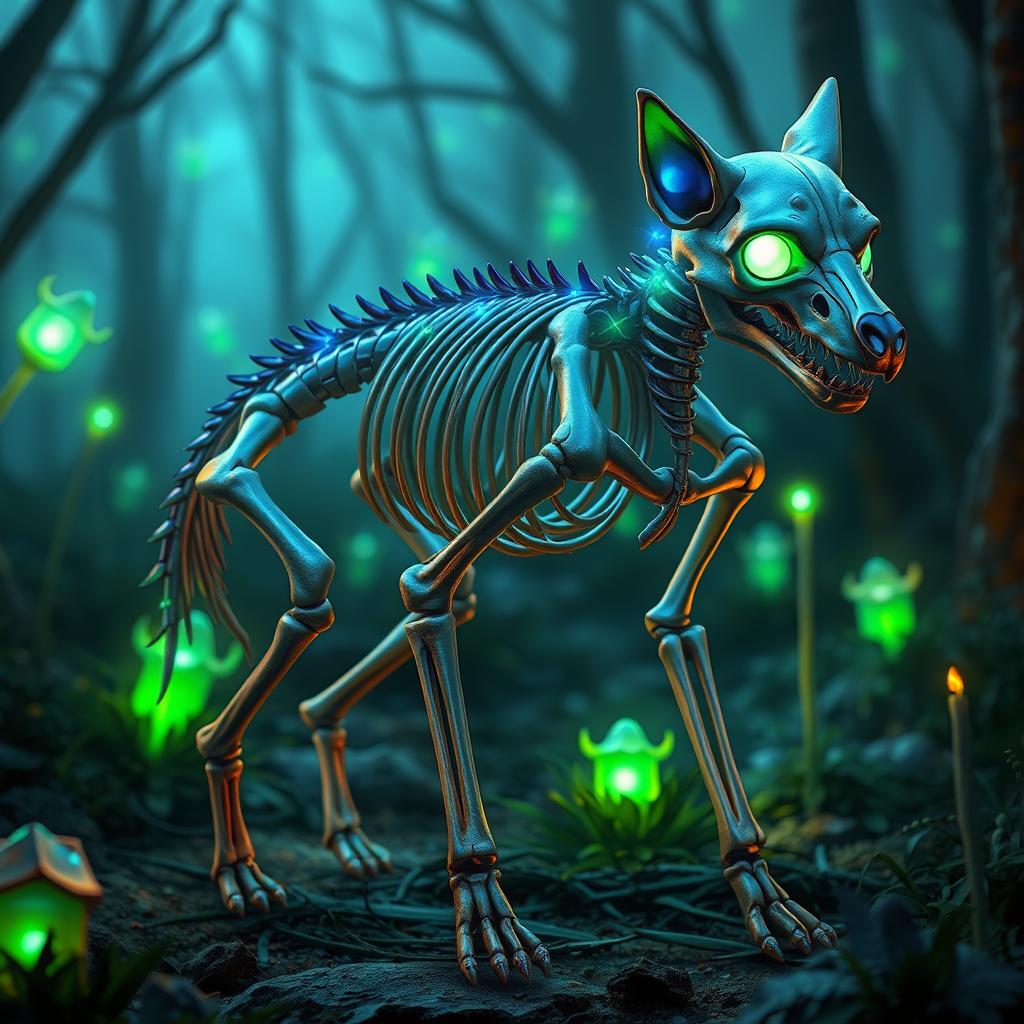 A vibrant and imaginative representation of a living skeleton wolf, featuring bones that appear both detailed and lively