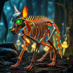A vibrant and imaginative representation of a living skeleton wolf, featuring bones that appear both detailed and lively