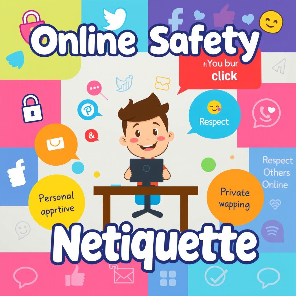 A vibrant and engaging educational poster about online safety and proper netiquette