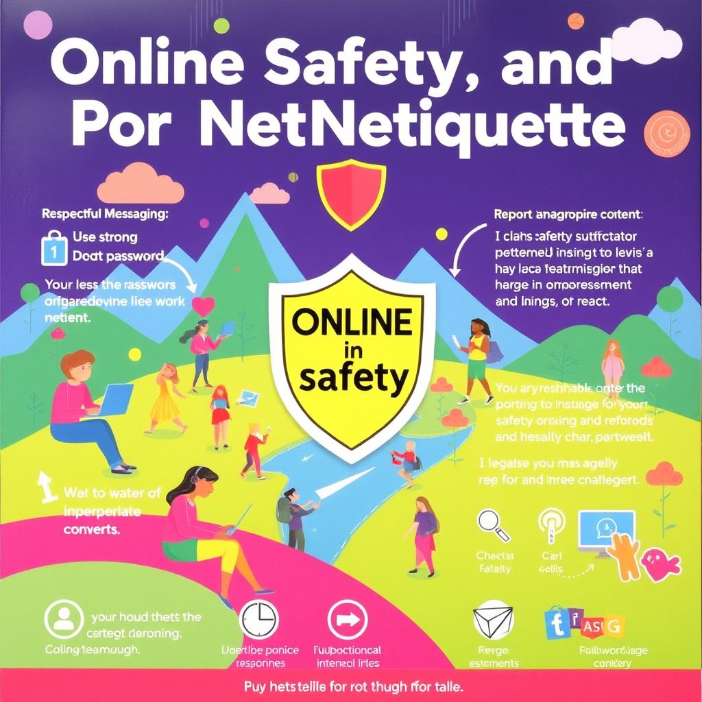 A vibrant and informative poster about online safety and proper netiquette, featuring a colorful digital landscape with a diverse group of people engaging in online activities