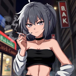 A dominant and rude anime girl with striking grey hair, wearing a trendy crop top, exuding confidence
