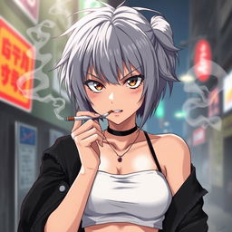 A dominant and rude anime girl with striking grey hair, wearing a trendy crop top, exuding confidence