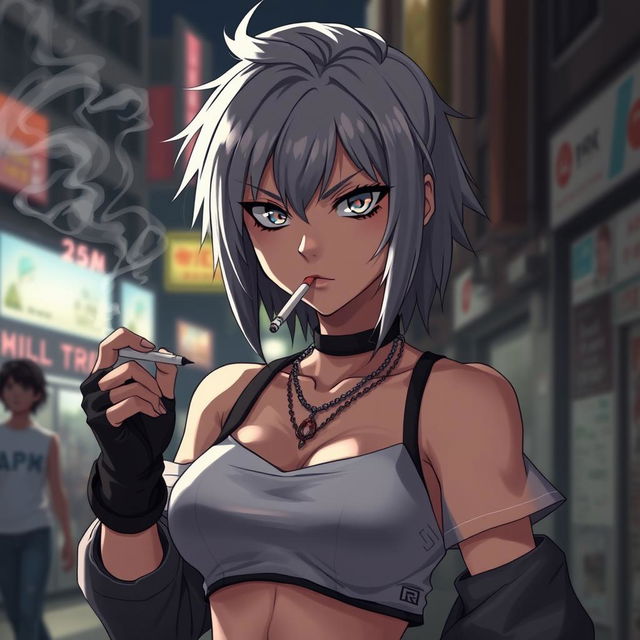 A dominant and rude anime girl with striking grey hair, wearing a trendy crop top, exuding confidence