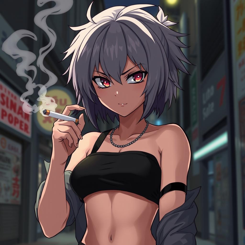 A dominant and rude anime girl with striking grey hair, wearing a trendy crop top, exuding confidence