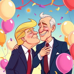 A comical and exaggerated scene of two well-known political figures, Donald Trump and Joe Biden, sharing a humorous kiss
