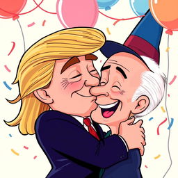 A comical and exaggerated scene of two well-known political figures, Donald Trump and Joe Biden, sharing a humorous kiss