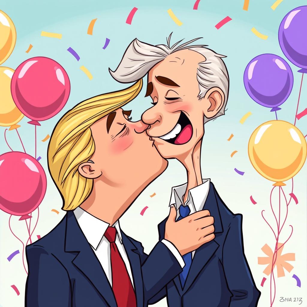 A comical and exaggerated scene of two well-known political figures, Donald Trump and Joe Biden, sharing a humorous kiss