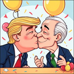 A comical and exaggerated scene of two well-known political figures, Donald Trump and Joe Biden, sharing a humorous kiss