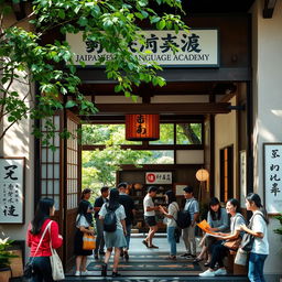 A vibrant Japanese language academy entrance, featuring traditional Japanese architecture with sliding shoji doors, lush greenery, and an inviting atmosphere