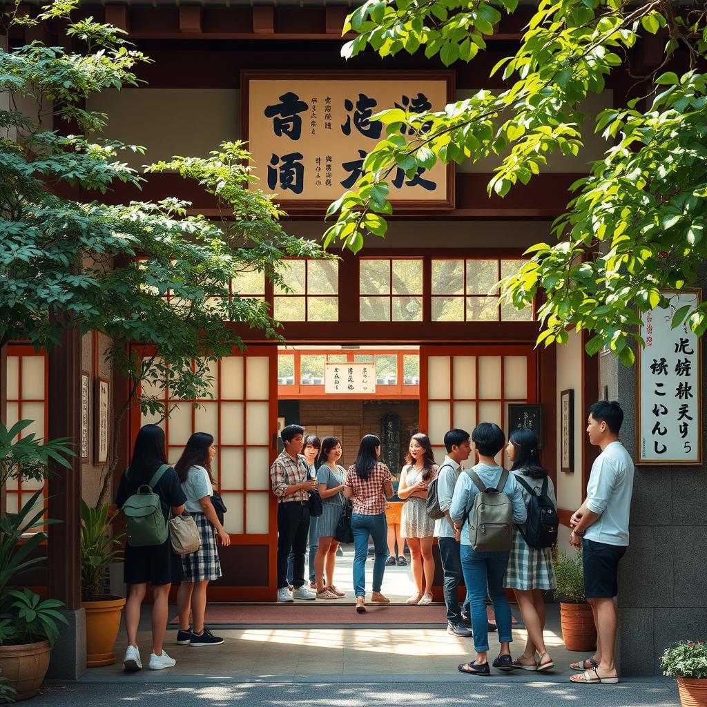 A vibrant Japanese language academy entrance, featuring traditional Japanese architecture with sliding shoji doors, lush greenery, and an inviting atmosphere