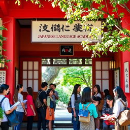 A vibrant Japanese language academy entrance, featuring traditional Japanese architecture with sliding shoji doors, lush greenery, and an inviting atmosphere