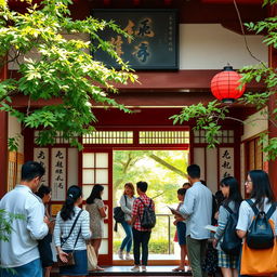 A vibrant Japanese language academy entrance, featuring traditional Japanese architecture with sliding shoji doors, lush greenery, and an inviting atmosphere