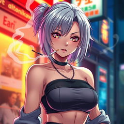 A beautiful and dominant anime girl with striking grey hair, wearing a stylish crop top that accentuates her large chest
