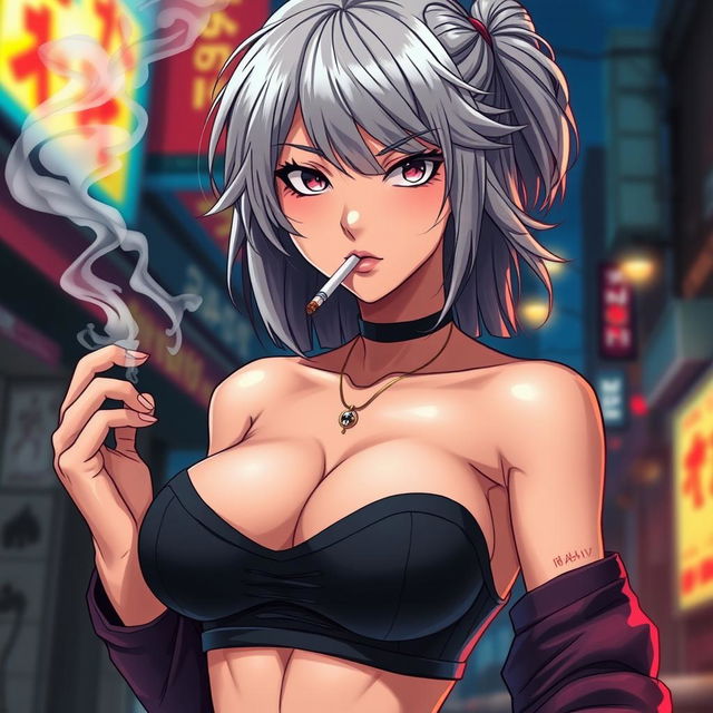 A beautiful and dominant anime girl with striking grey hair, wearing a stylish crop top that accentuates her large chest