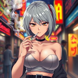 A beautiful and dominant anime girl with striking grey hair, wearing a stylish crop top that accentuates her large chest
