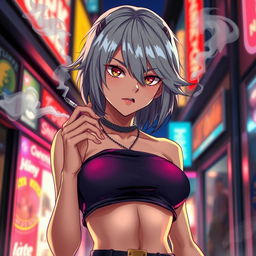 A beautiful and dominant anime girl with striking grey hair, wearing a stylish crop top that accentuates her large chest