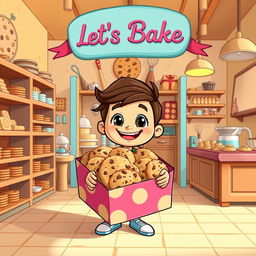 A lively cartoon character inside a vibrant chocolate chip cookie bakery named 'Let's Bake'