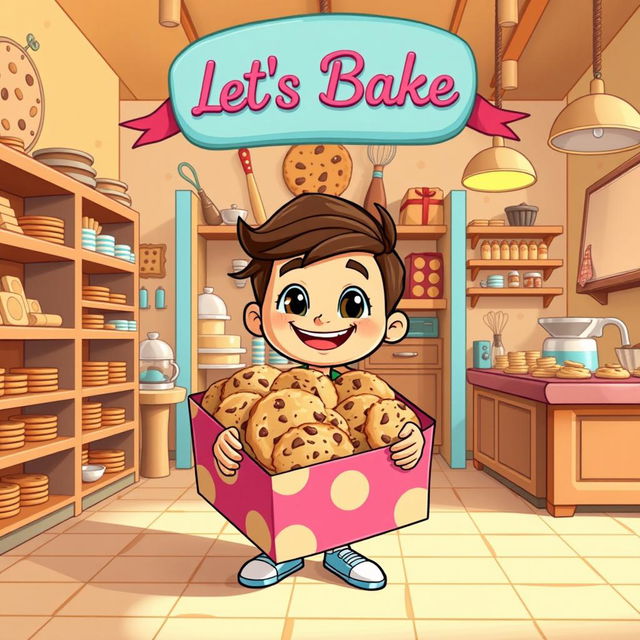 A lively cartoon character inside a vibrant chocolate chip cookie bakery named 'Let's Bake'