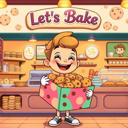 A lively cartoon character inside a vibrant chocolate chip cookie bakery named 'Let's Bake'