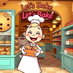 A whimsical cartoon character with a cheerful expression, wearing a baker's apron and chef hat, standing inside a cozy chocolate chip cookie bakery named 'Let's Bake'