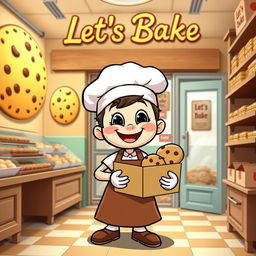 A whimsical cartoon character with a cheerful expression, wearing a baker's apron and chef hat, standing inside a cozy chocolate chip cookie bakery named 'Let's Bake'