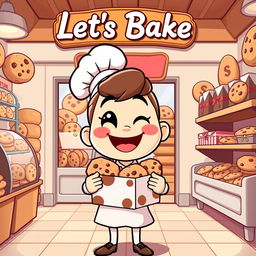 A whimsical cartoon character with a cheerful expression, wearing a baker's apron and chef hat, standing inside a cozy chocolate chip cookie bakery named 'Let's Bake'