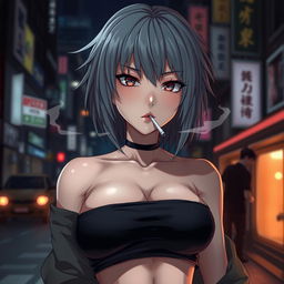 A cold and dominant anime girl with striking grey hair, wearing a fashionable crop top that accentuates her larger chest