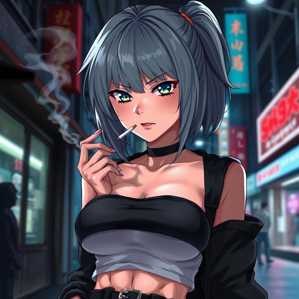 A cold and dominant anime girl with striking grey hair, wearing a fashionable crop top that accentuates her larger chest