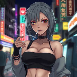 A cold and dominant anime girl with striking grey hair, wearing a fashionable crop top that accentuates her larger chest
