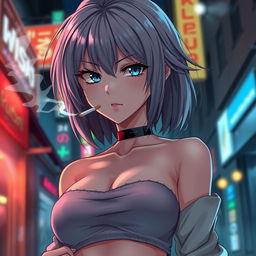 A cold and dominant anime girl with striking grey hair, wearing a fashionable crop top that accentuates her larger chest
