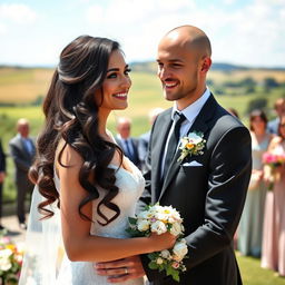 A beautiful Italian woman with long, dark wavy hair and striking blue eyes, wearing an elegant wedding dress, is standing at an outdoor wedding venue