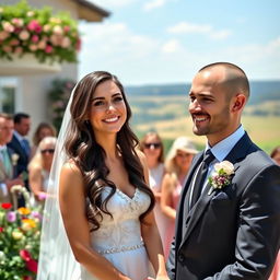 A beautiful Italian woman with long, dark wavy hair and striking blue eyes, wearing an elegant wedding dress, is standing at an outdoor wedding venue