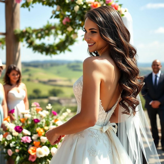 A beautiful Italian woman with long, dark wavy hair and striking blue eyes, wearing an elegant wedding dress, is standing at an outdoor wedding venue
