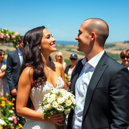 A beautiful Italian woman with long, dark wavy hair and striking blue eyes, wearing an elegant wedding dress, is standing at an outdoor wedding venue