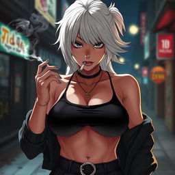 A dominant and rude anime girl with striking white hair, wearing a trendy crop top that accentuates her big and thick chest