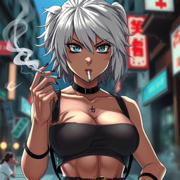 A dominant and rude anime girl with striking white hair, wearing a trendy crop top that accentuates her big and thick chest