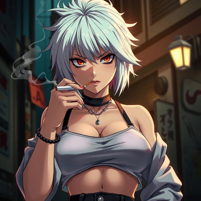 A dominant and rude anime girl with striking white hair, wearing a trendy crop top that accentuates her big and thick chest