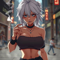 A dominant and rude anime girl with striking white hair, wearing a trendy crop top that accentuates her big and thick chest