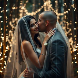 A stunning Italian woman with long, dark wavy hair and captivating blue eyes is getting married in a magical forest setting filled with twinkling lights