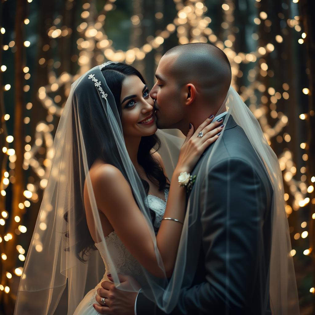 A stunning Italian woman with long, dark wavy hair and captivating blue eyes is getting married in a magical forest setting filled with twinkling lights